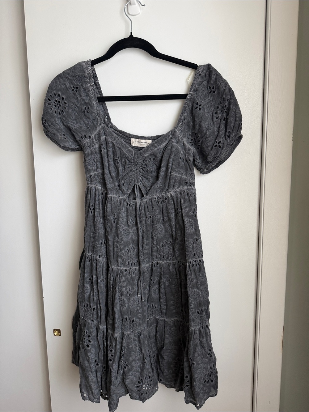 Lucky Brand Charcoal Eyelet Puff-Sleeve Mini Dress